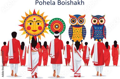 People in traditional red and white attire participate in a vibrant Pohela Boishakh procession with large folk art masks and figures.