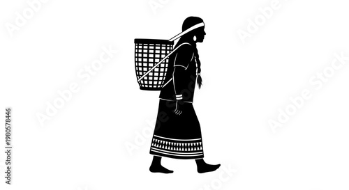 Silhouette of a traditional indigenous woman carrying a woven basket on her back.
