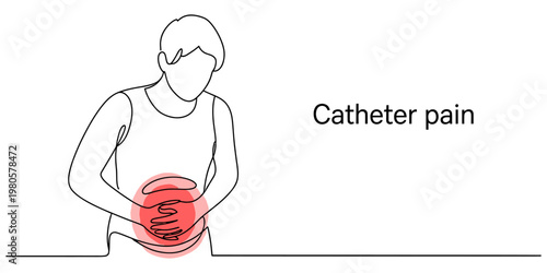 A line art illustration showing a person experiencing discomfort and pain from a medical catheter Vector, illustration