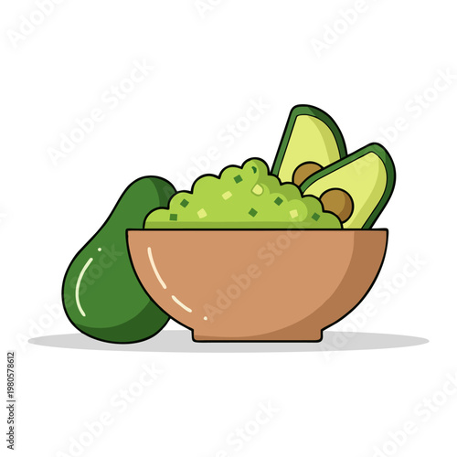 Guacamole avocado flat icon Mexican dip in bowl illustration