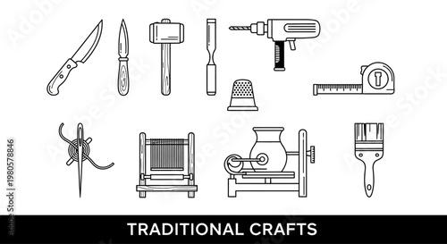 Set of traditional crafts and manual tools in line art style.