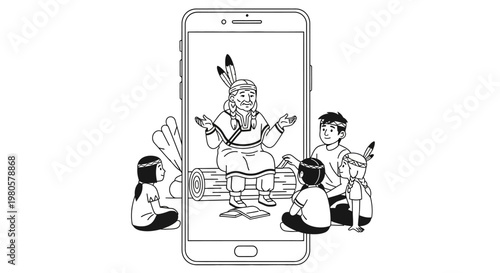 Children listening to Native American elder story inside smartphone screen outline.