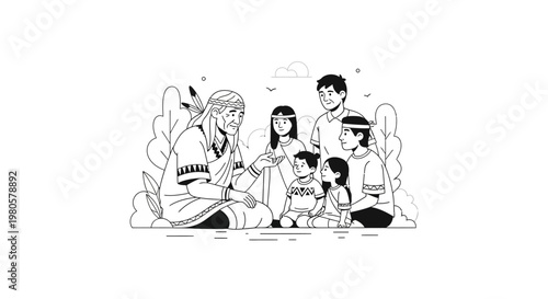 Indigenous elder telling stories to a group of children.