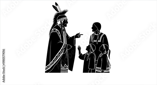 Silhouette of an indigenous Native American elder teaching children.