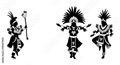 Black silhouette illustrations of Aztec or Mayan traditional dancers in ceremonial attire.