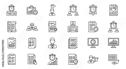 Outline Vector Icons for Business Management, Time Tracking, and Productivity. Modern Symbols for Office Administration, Workflow Optimization, and Task Planning