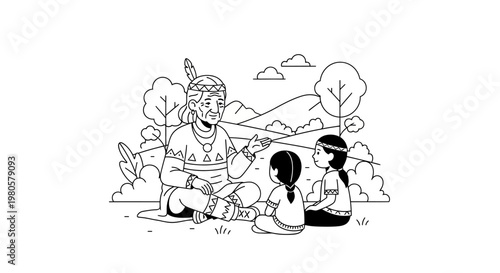 Elder Native American teaching children illustration.