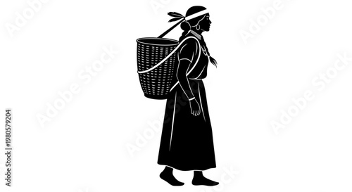 Silhouette illustration of an indigenous woman carrying a traditional wicker basket on her back.