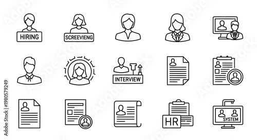 Streamlined vector icon set for human resources and recruitment processes, encompassing applicant tracking, interviewing, and employment management concepts