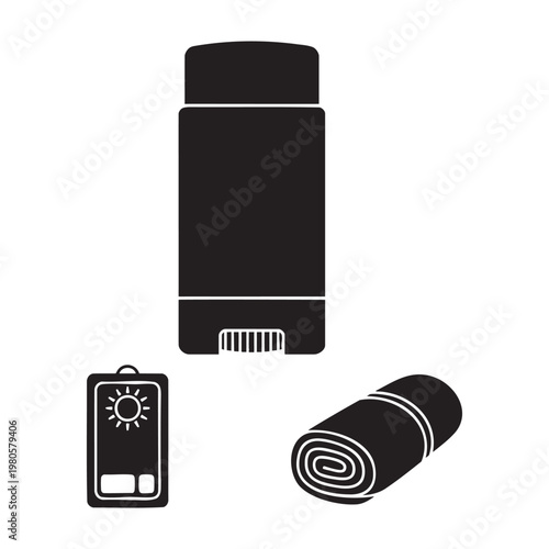 Sun safety icons with zinc stick uv monitor and a towel
