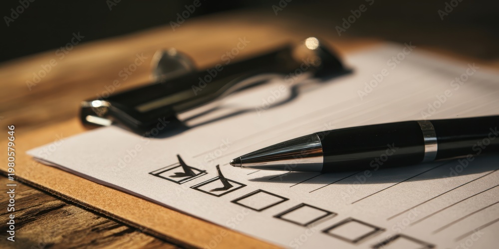 Fototapeta premium The pen on clipboard with checklist and lined paper for task planning