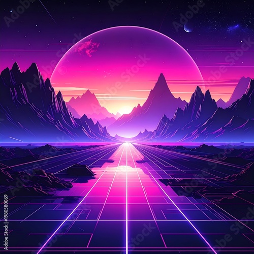 Vibrant pink and purple digital landscape with a large planet