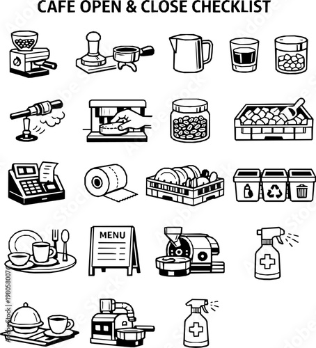 Cafe Open & Close Checklist Line Icon Set