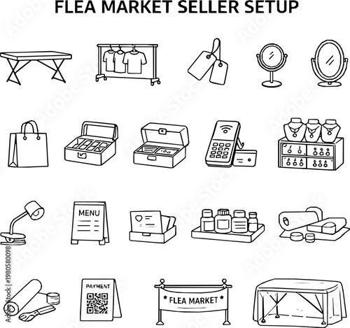 Flea Market Seller Setup Line Icon Set