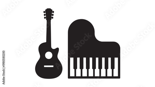 Guitar Silhouette and Piano Icons Minimalist Music Instruments Harmony Concept Illustration