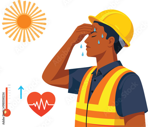 Construction worker suffering heat stress under sun flat design safety illustration for workplace awareness