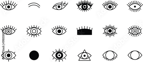 Vector Set Of Black Eye Icons Featuring Various Pupil Designs Eyelashes And Artistic Vision Symbols For Ophthalmology Optometry Vision Care And Creative Graphic Design