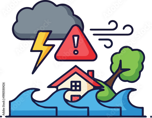 A house is flooded with a tree falling and a storm warning sign