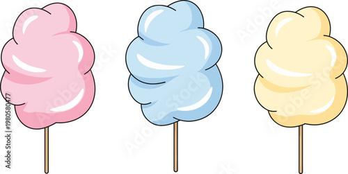 Colorful cotton candy sticks in pink blue and yellow for sweet treat