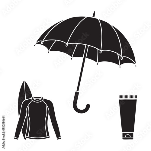 Sun protection icons with uv umbrella rash guard and zinc