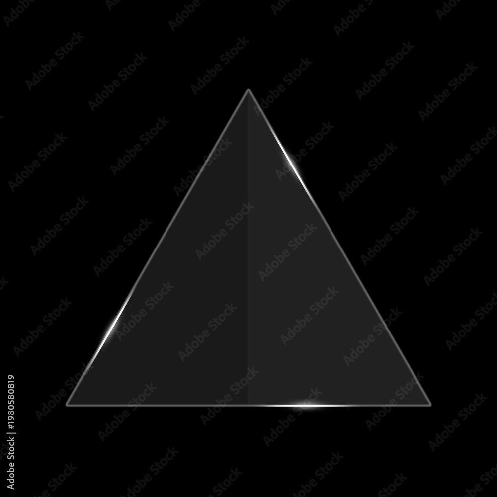 Fototapeta premium A sleek glass pane with glowing edges and realistic light reflections. The transparent triangle frame features elegant white glints against solid black background