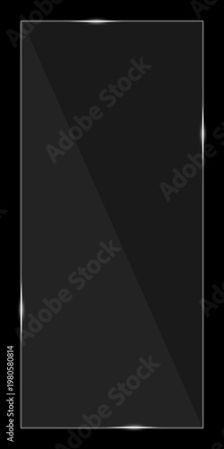 A sleek vertical glass pane with glowing edges and realistic light reflections. The transparent rectangular frame features elegant white glints against solid black background