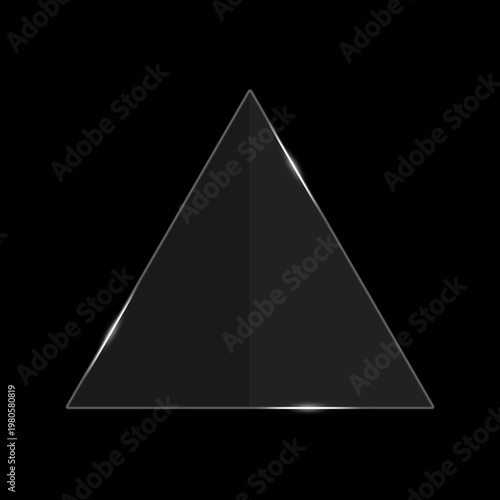 A sleek glass pane with glowing edges and realistic light reflections. The transparent triangle frame features elegant white glints against solid black background