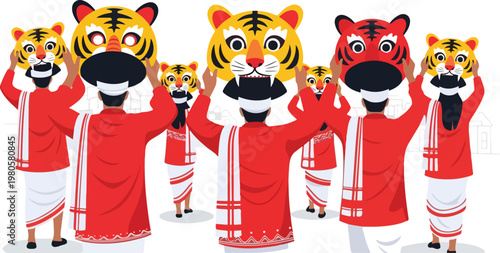 People in traditional attire holding up vibrant tiger masks during a cultural performance or festival celebration.