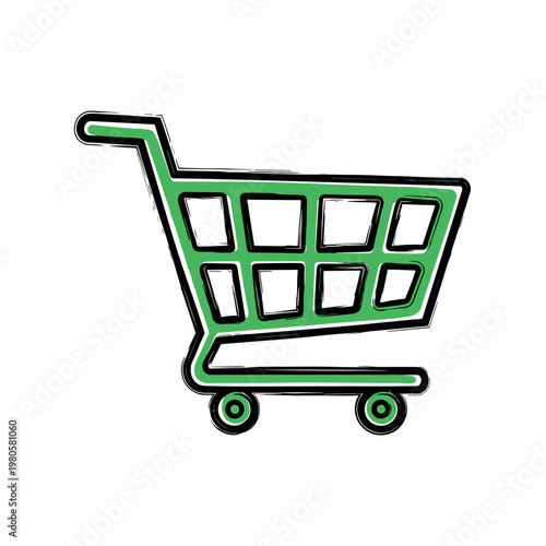 Green shopping cart icon with black outline on white background  