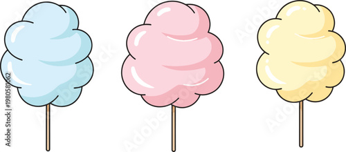 Colorful cotton candy sticks with fluffy swirls and wooden handles