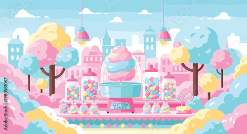 Candy store with cotton candy jars and colorful trees in pastel colors