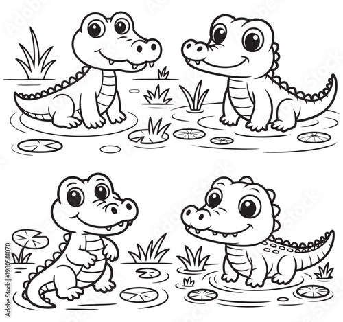Charming Alligators: A delightful illustration featuring four cute alligators, radiating warmth and innocence within their marshy habitat. 