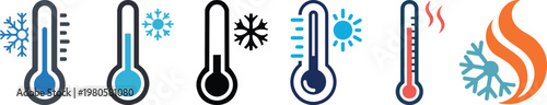 Fire and snowflake hazard warning icons set, flammable material and extreme cold temperature symbols isolated on gray background, safety warning and risk prevention icons collection, modern vector