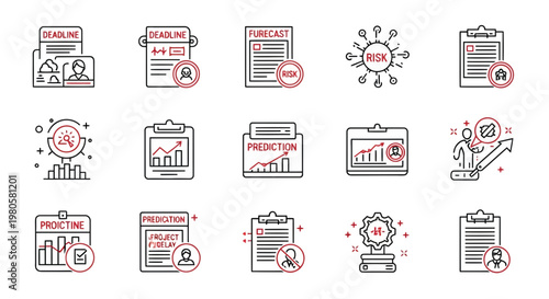 Modern business planning and project management line icons set, depicting essential concepts like deadlines, financial forecasts, risk assessment, predictive analytics, and productivity workflow