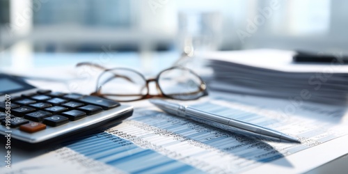 The Calculator on Financial Documents with Pen, Glasses and Stacked Paper