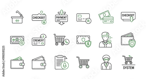 Online shopping payment and checkout icons for e-commerce and retail