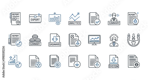 Essential vector icons for business processes, data analysis, financial reporting, document management, and digital operations, enhancing modern user interfaces