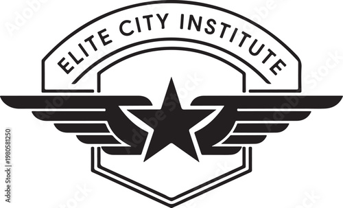 Elite city institute logo, black and white emblem, star winged badge, vector icon