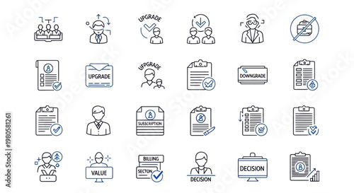 Modern business management line icons featuring concepts like user upgrades, team collaboration, career progression, strategic decision-making, and value assessment for digital projects