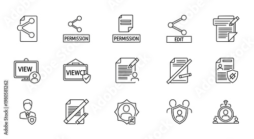 Set of icons representing document access control, sharing, editing, and viewing permissions