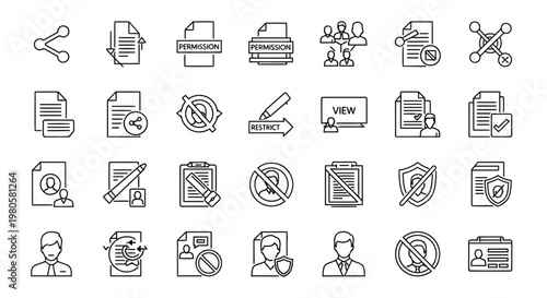 Comprehensive Set of Document and User Management Line Icons with Security and Sharing Elements for Digital Operations Interface Design