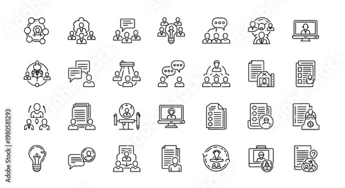 Collection of Diverse Icons Representing Collaboration, Communication, and Teamwork in Business and Technology Contexts
