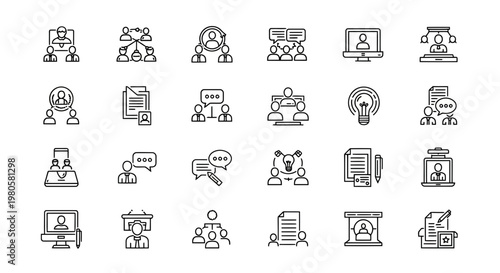 Vector line icons depicting business communication, teamwork, networking, human resources, and social interactions, ideal for modern digital interfaces, web applications, and presentations