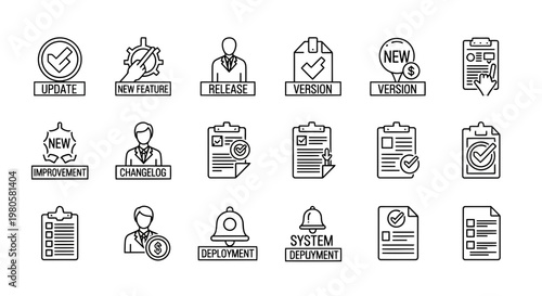Set of line icons representing software development lifecycle, project management, and business processes for digital platforms and applications