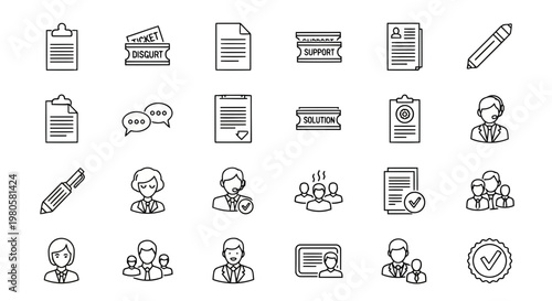 Comprehensive collection of outline icons representing various business, office, human resources, and customer support concepts, perfect for professional web and print designs