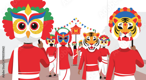 A vibrant cultural procession featuring people wearing traditional colorful animal masks, including owls and tigers, celebrating a festival.