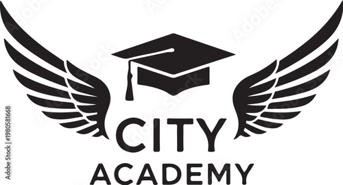 Graduation academy logo, city education symbol, winged cap icon, school emblem