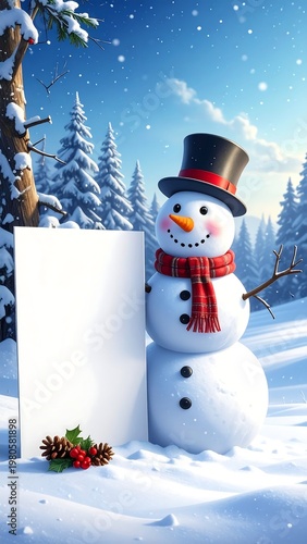 A snowman in a winter scene with a white sign
