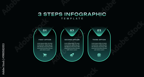 Dark neon infographic 3 step options diagram with rounded buttons, green minimal style, modern vector for business selection, website menu, UI design, presentation layout