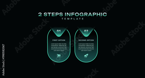 Dark neon infographic 2 step options diagram with rounded buttons, green minimal style, modern vector for business selection, website menu, UI design, presentation layout